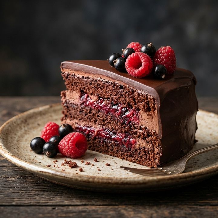Slice of chocolate berry cake with raspberries