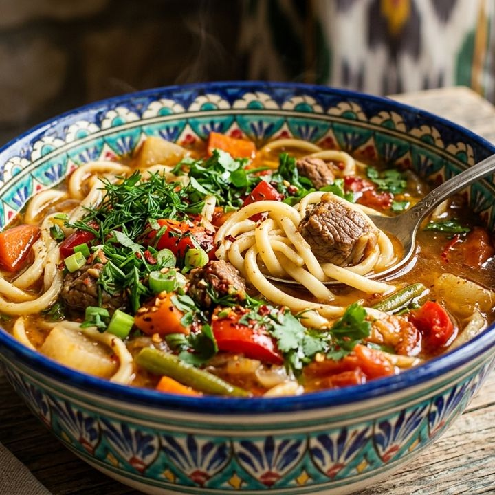 Uzbek lagman noodle soup in a bowl