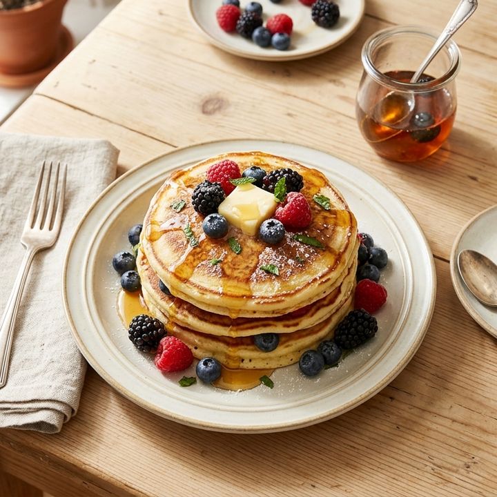 Stack of pancakes with berries and honey next to coffee