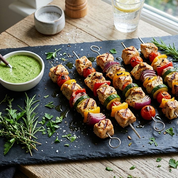 Grilled chicken and vegetable skewers on a slate board